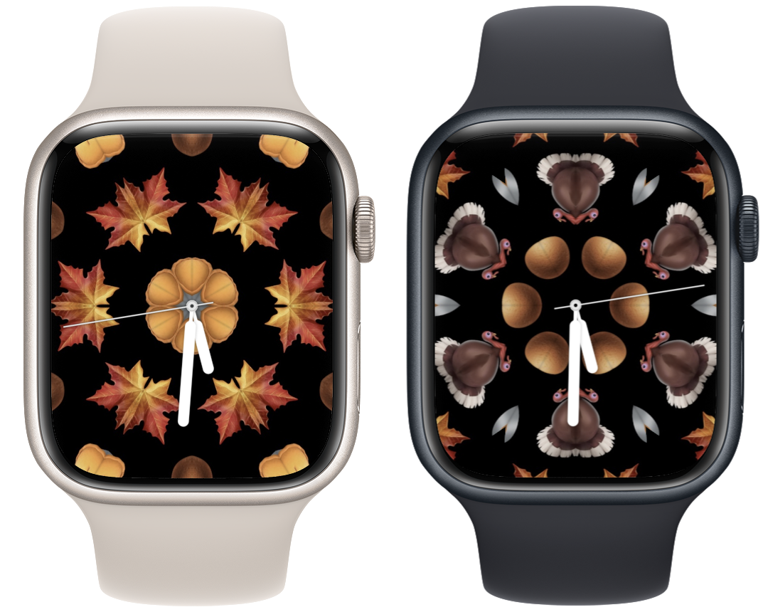 Two Apple Watches with a kaleidoscope of thanksgiving emojis on the watch face