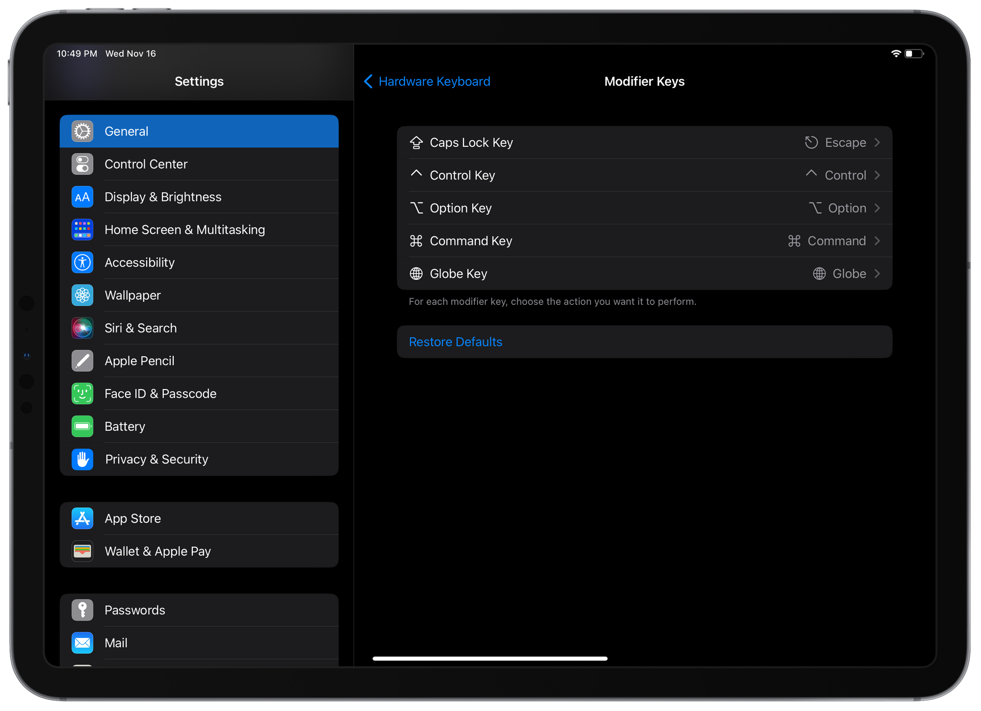 iPad Keyboard Settings Screenshot