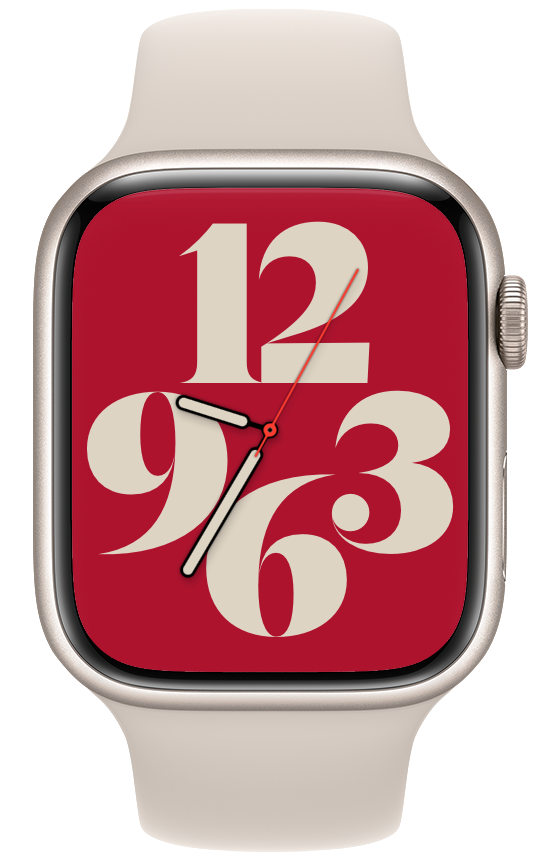 Apple watch face with red background, and large serf type for 12, 6, 3, and 9 on the dial