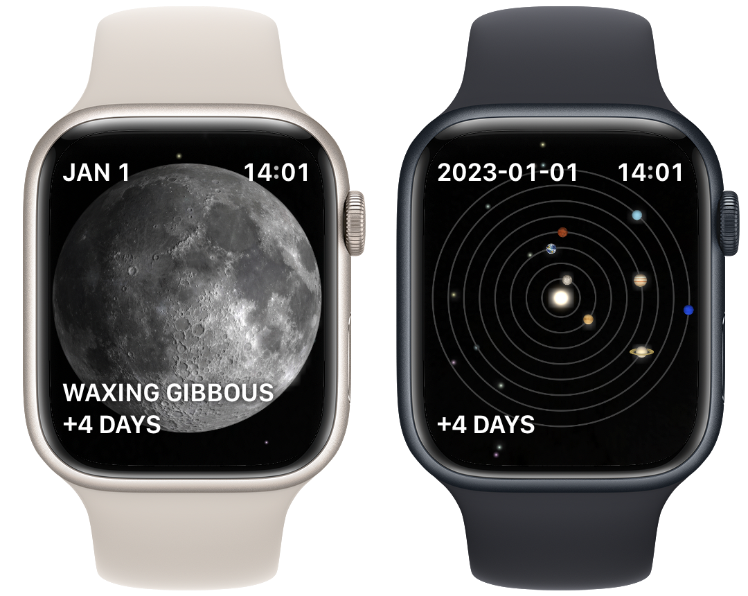 2 Apple Watches one with the moon on its watch face and the other with a solar system on its watch face