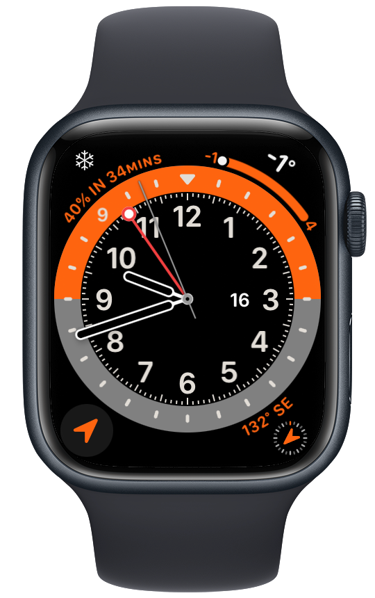 Apple Watch with the GMT International Orange watch face